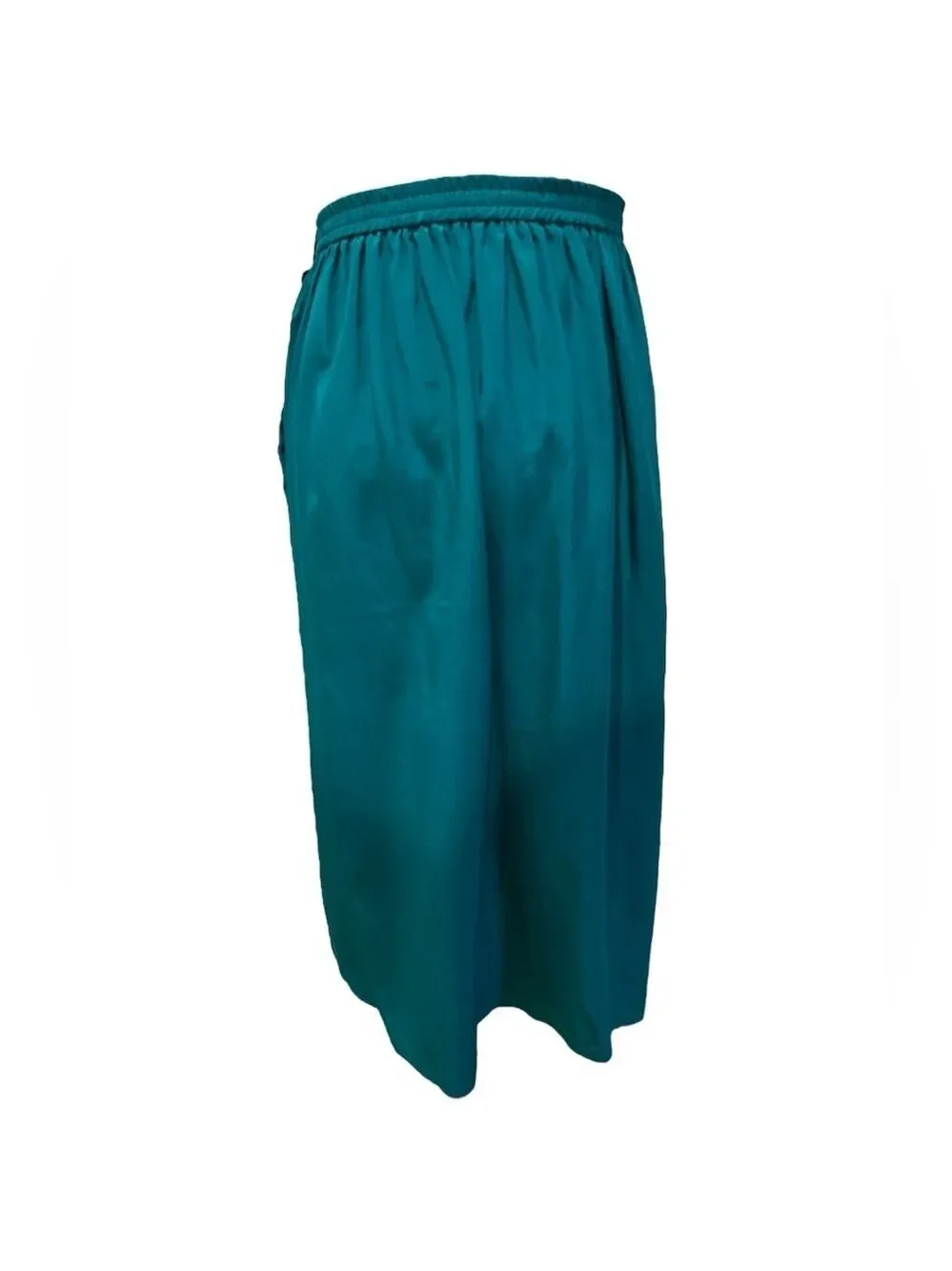 80s SILK TEAL GREEN GATHERED MIDI SKIRT W CONCEALED POCKET QUIET LUXURY SZ 6